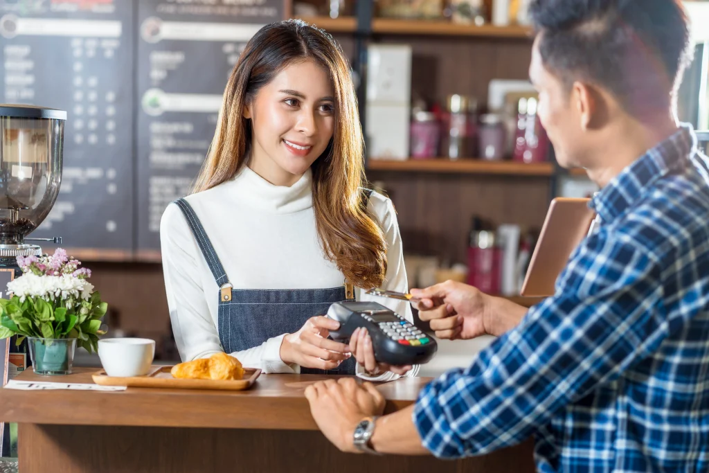 Cutomer is happy that the POS machine helped him doing payment quickly