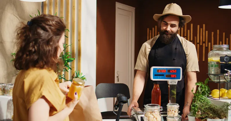Retail cashier serving customer with modern POS