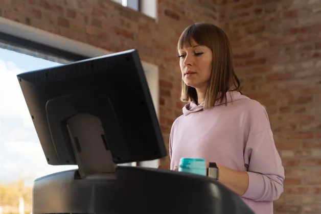 Woman using POS system at checkout